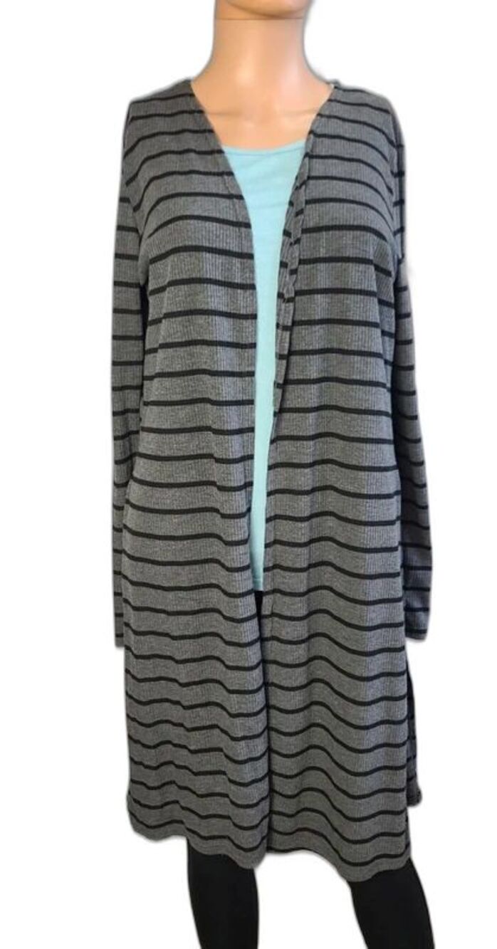 Olivia Rae Size Large Ribbed Grey Black Striped Open Front Cardigan Long Duster